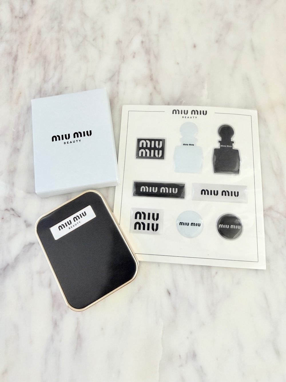 🩵 Miu Miu Beauty Compact Mirror Black Light Blue w/ Stickers